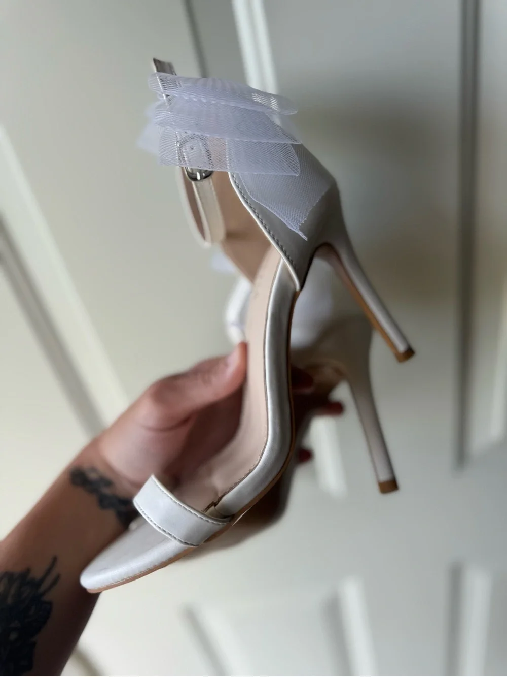 White Ankle-Strap Heels with Bridal Bow 7.5